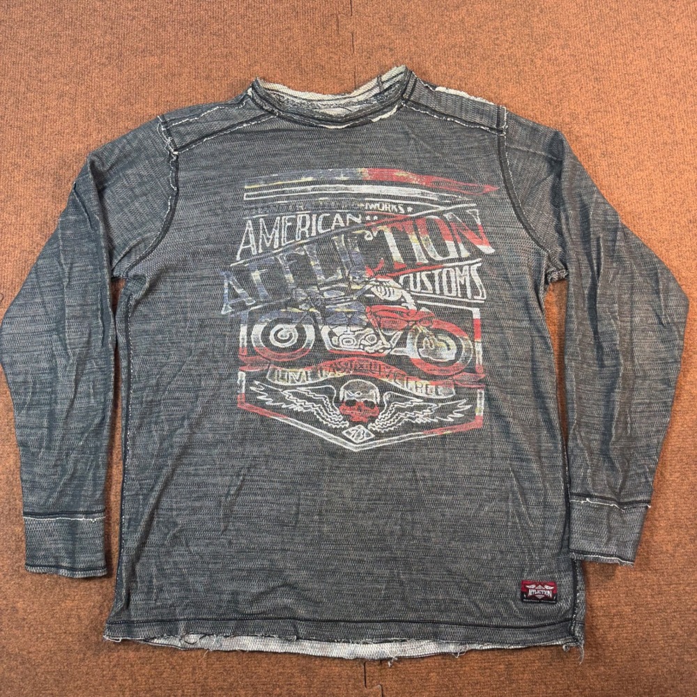 A+Affliction American Customs Mens Reversible Thermal Shirt Biker Skull Grey XL